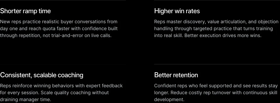 Feature cards showing: Shorter ramp time, Higher win rates, Consistent scalable coaching, and Better retention